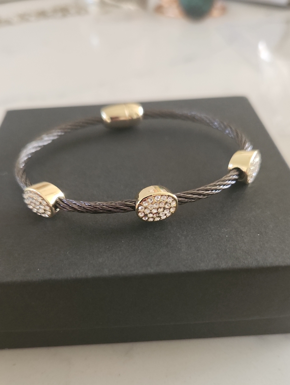 Crystal-Accent Black Cable Bracelet with Gold Bezel